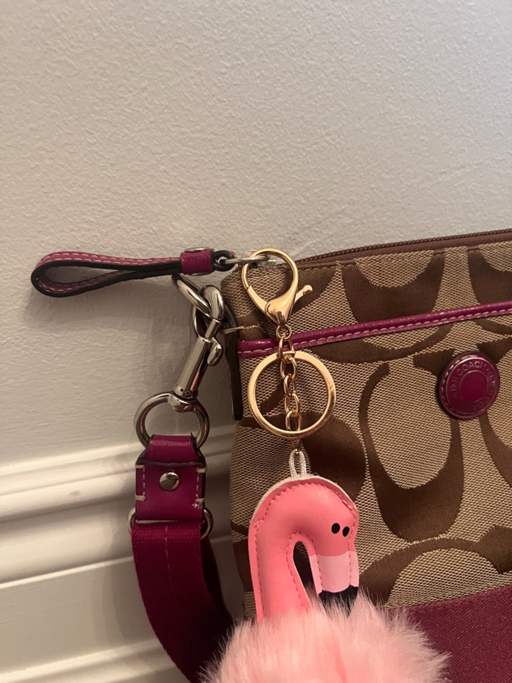 Coach Brown Signature Crossbody with Pink Trim and Pom Charm - Picture 5 of 11